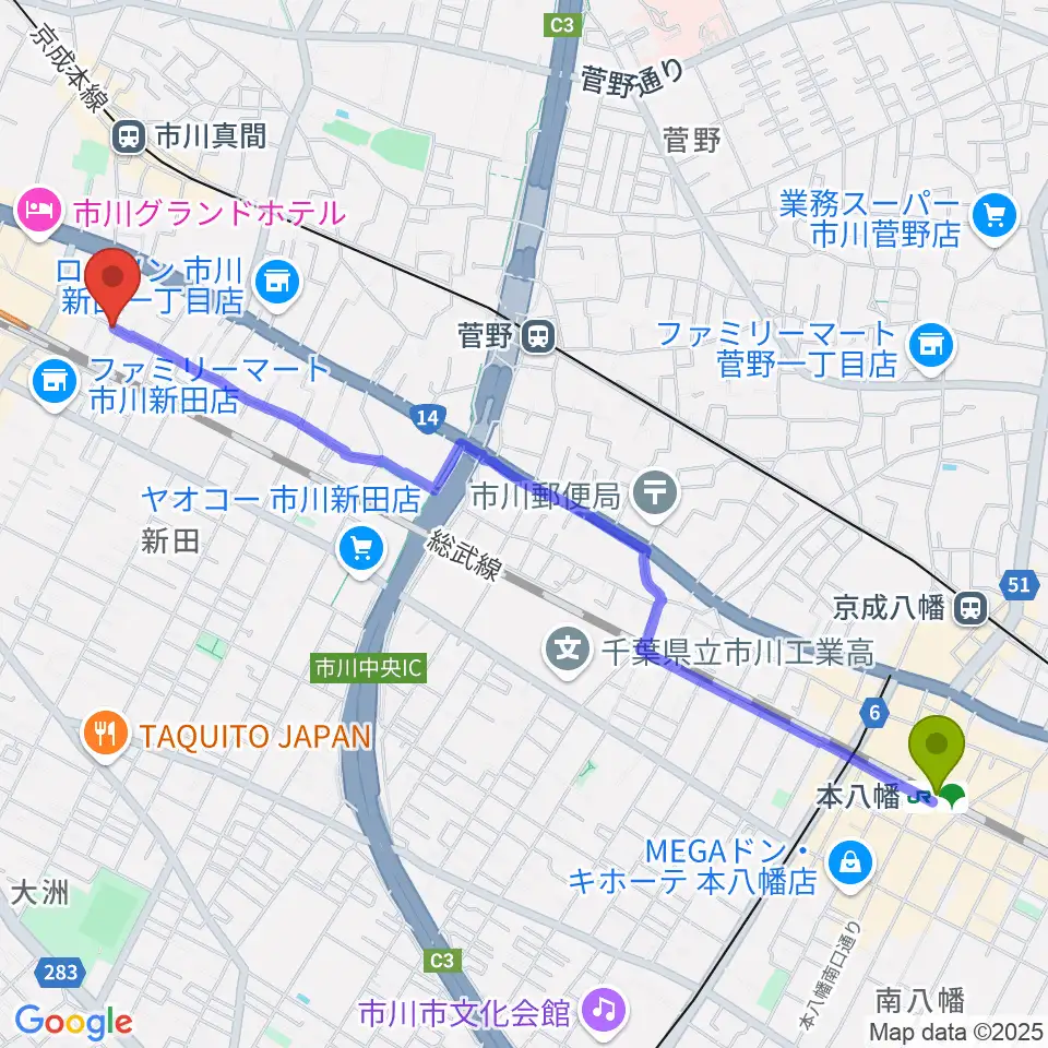 本八幡駅から管楽器専門店 Groovin' Trumpetへのルートマップ地図