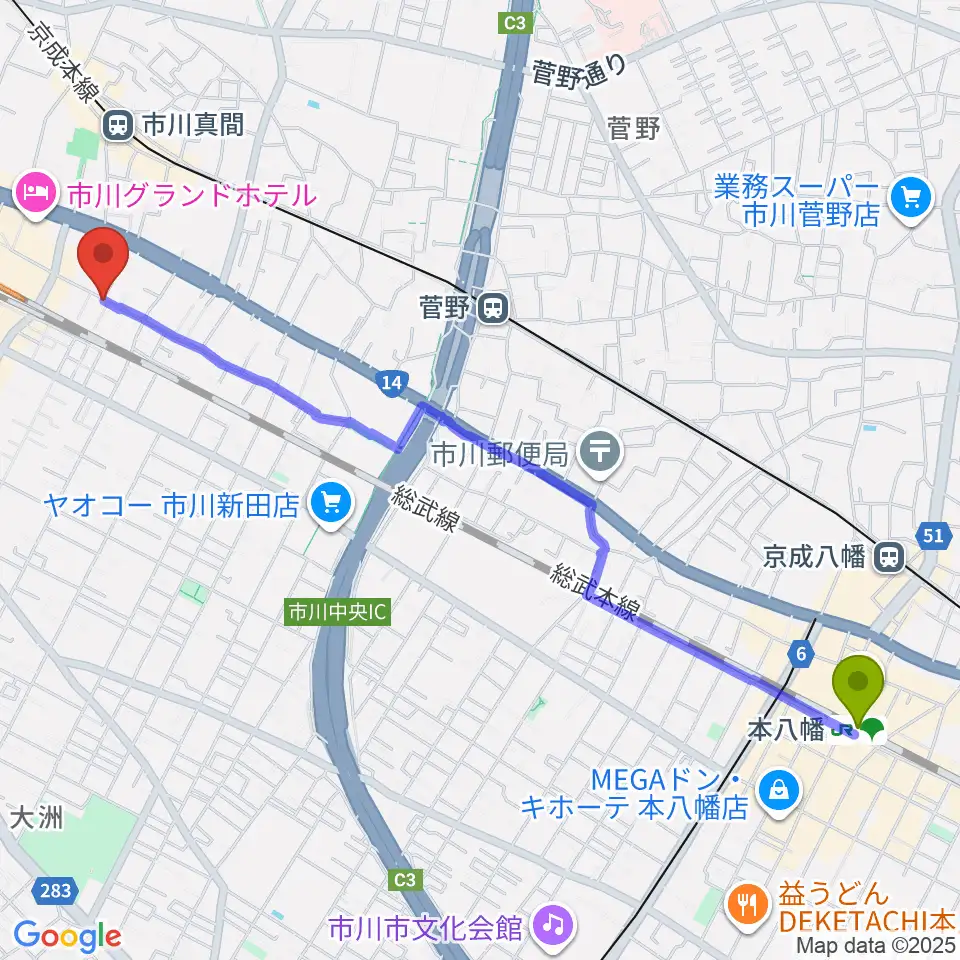 本八幡駅から管楽器専門店 Groovin' Trumpetへのルートマップ地図
