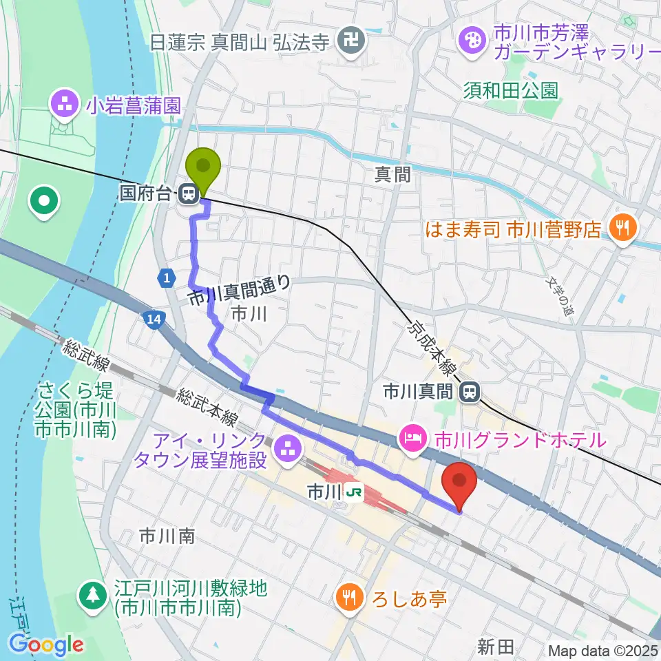 国府台駅から管楽器専門店 Groovin' Trumpetへのルートマップ地図