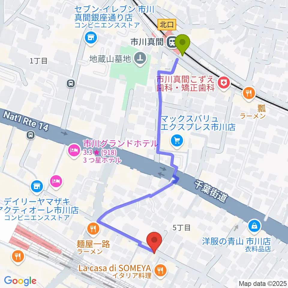 市川真間駅から管楽器専門店 Groovin' Trumpetへのルートマップ地図