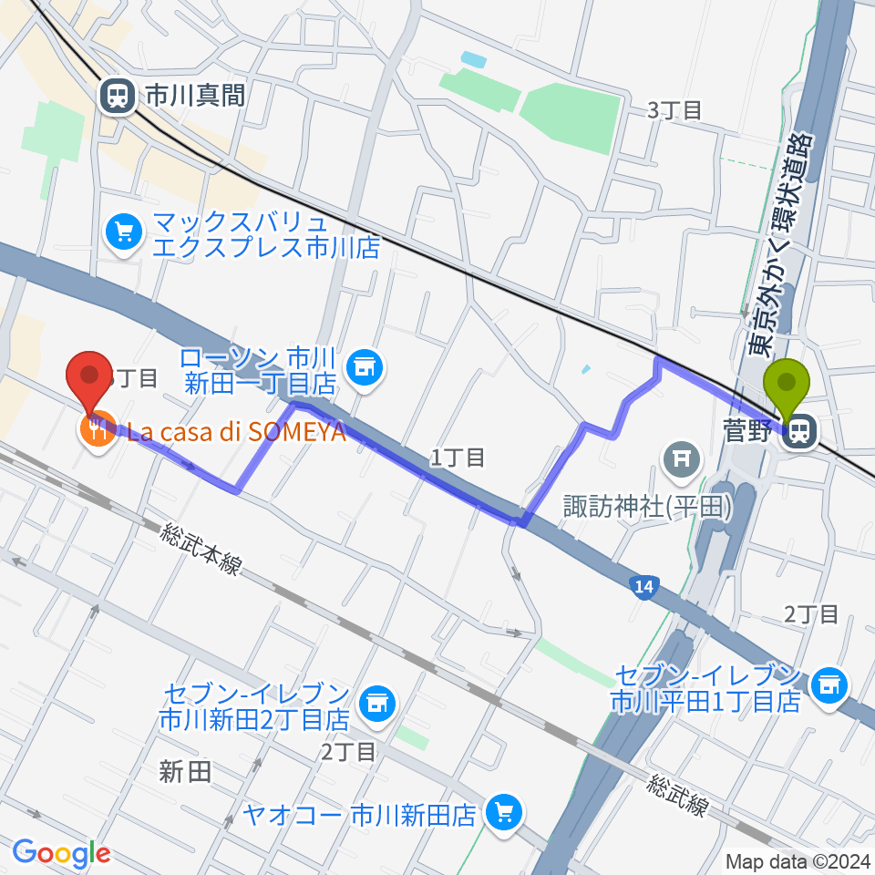 菅野駅から管楽器専門店 Groovin' Trumpetへのルートマップ地図