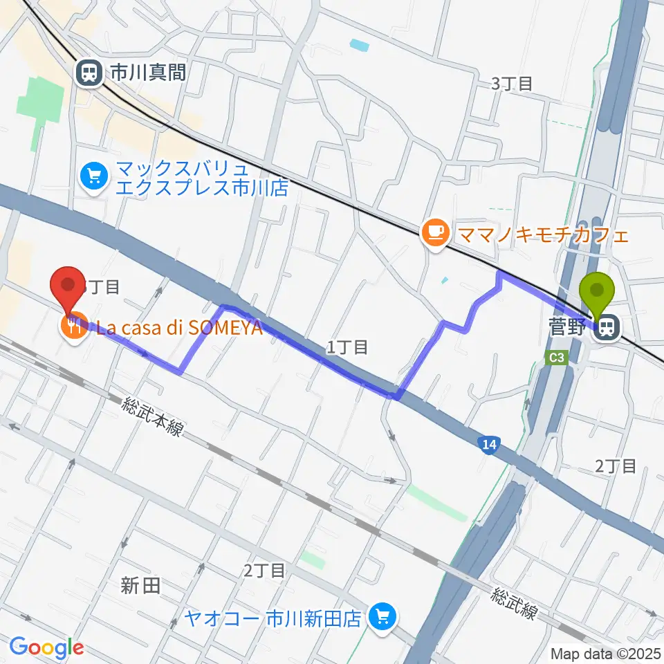 菅野駅から管楽器専門店 Groovin' Trumpetへのルートマップ地図