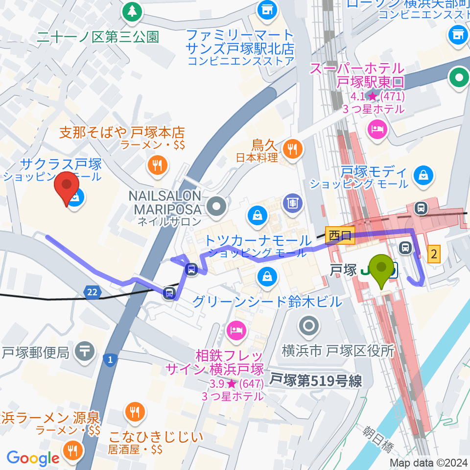 桜 音楽教室の最寄駅戸塚駅からの徒歩ルート（約5分）地図