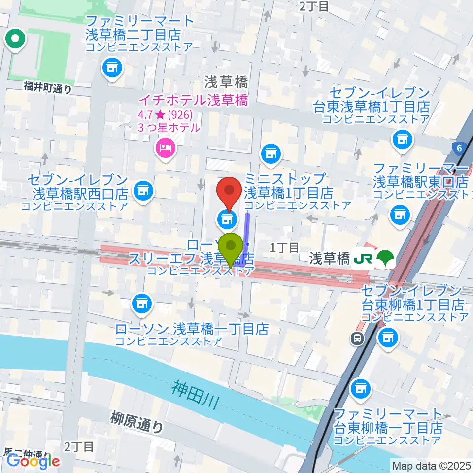 浅草橋ヒューリック ホール＆ヒューリックの最寄駅浅草橋駅からの徒歩ルート（約1分）地図