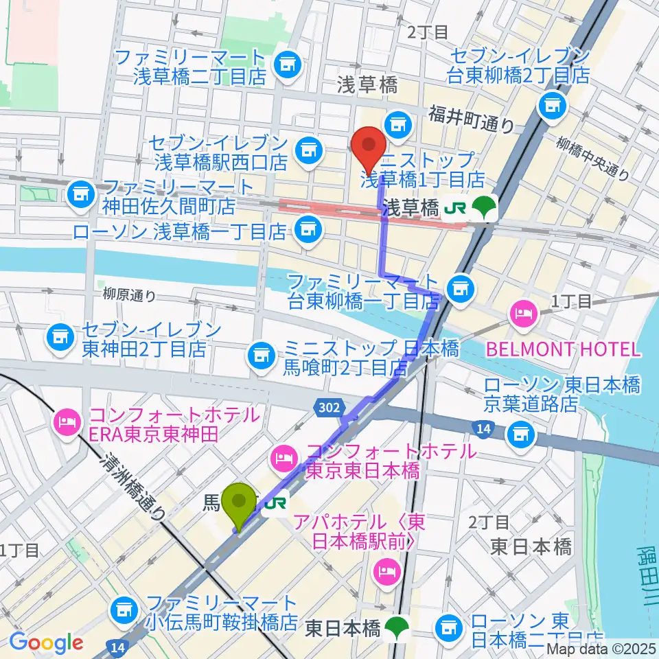 馬喰町駅から浅草橋ヒューリック ホール＆ヒューリックへのルートマップ地図