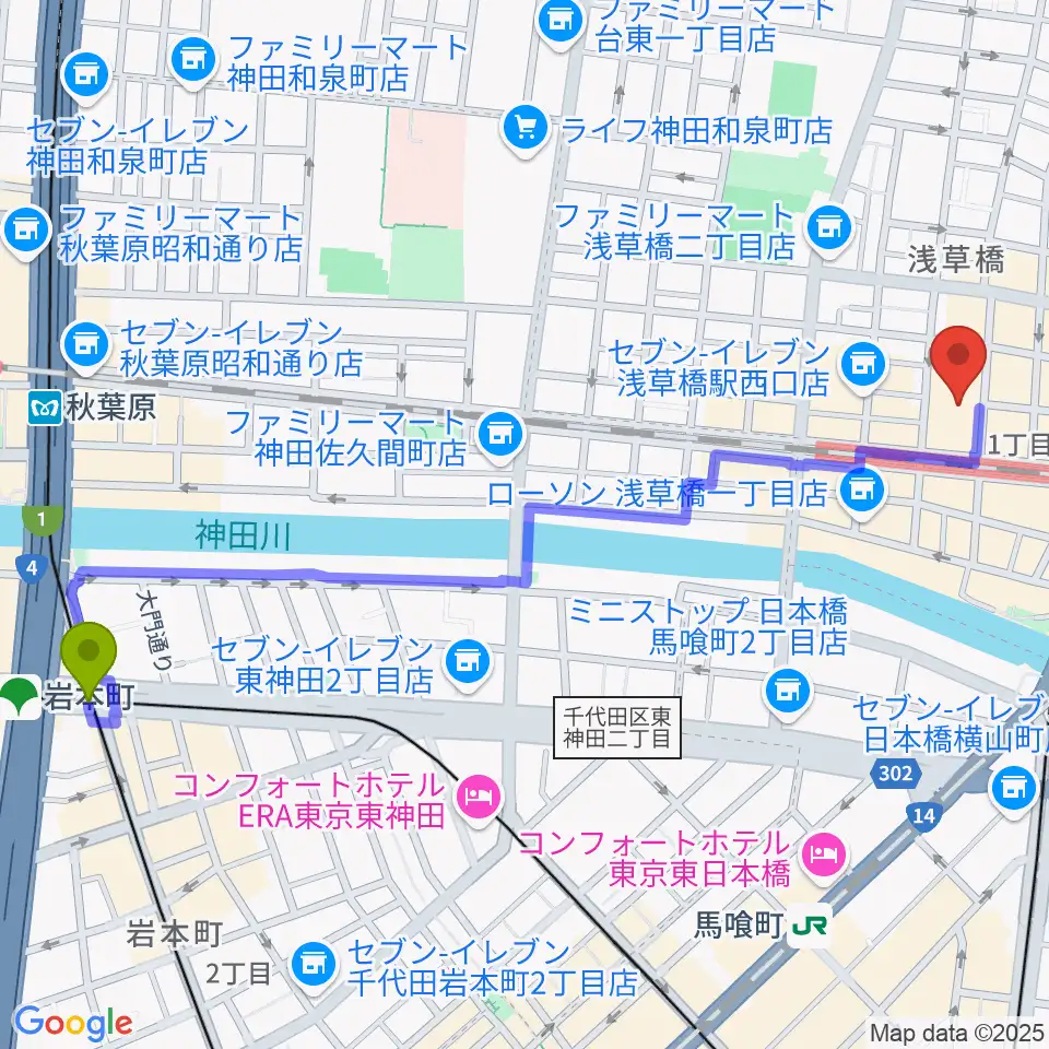 岩本町駅から浅草橋ヒューリック ホール＆ヒューリックへのルートマップ地図
