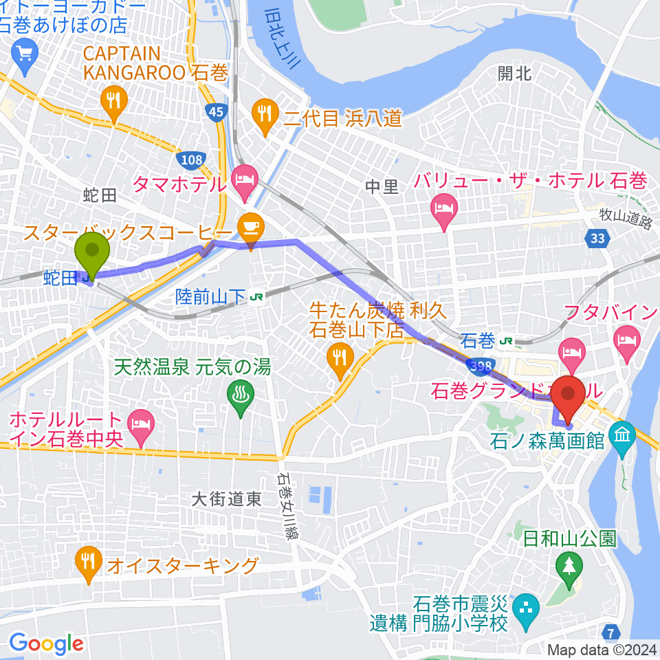 蛇田駅から石巻ブルーレジスタンスへのルートマップ地図