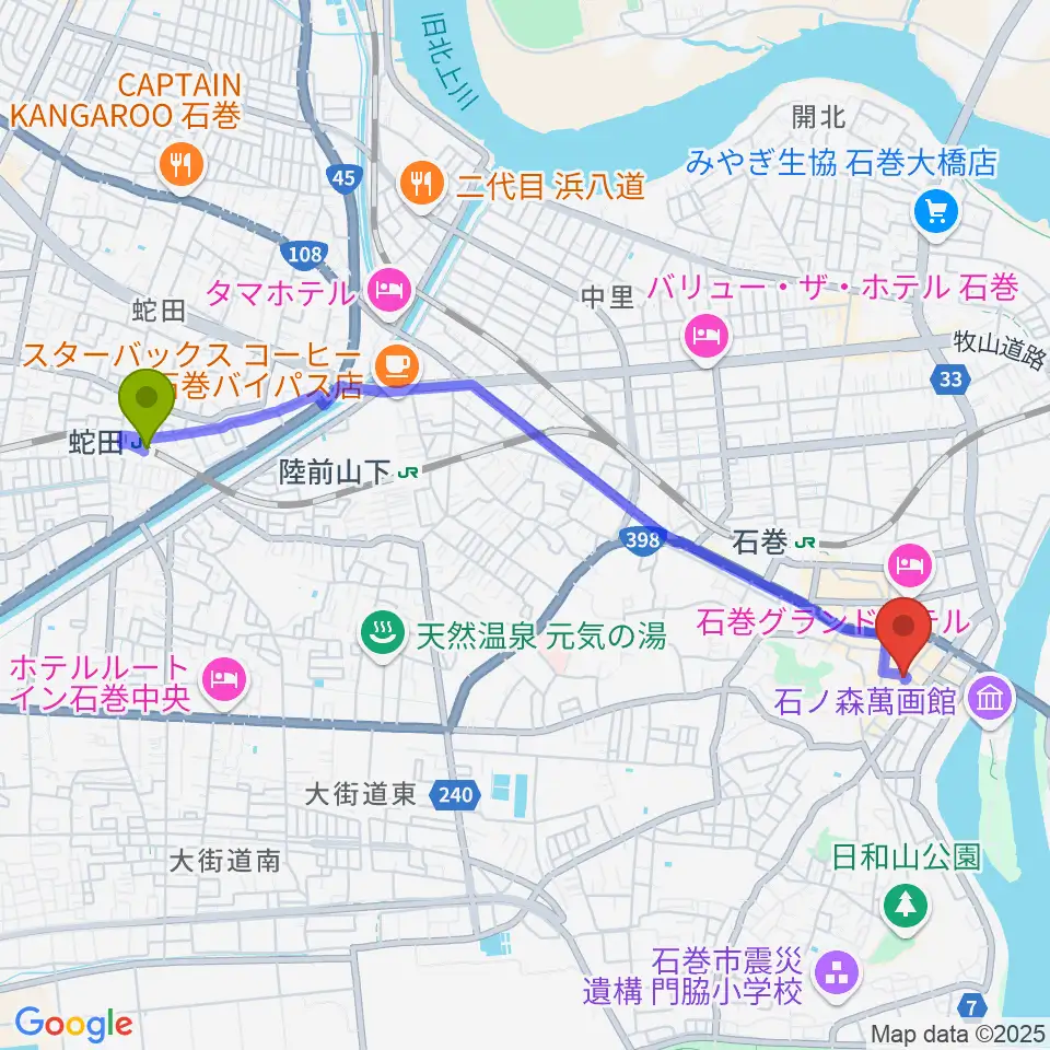 蛇田駅から石巻ブルーレジスタンスへのルートマップ地図