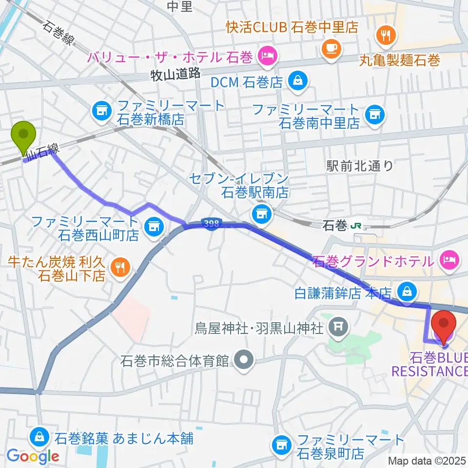 陸前山下駅から石巻ブルーレジスタンスへのルートマップ地図