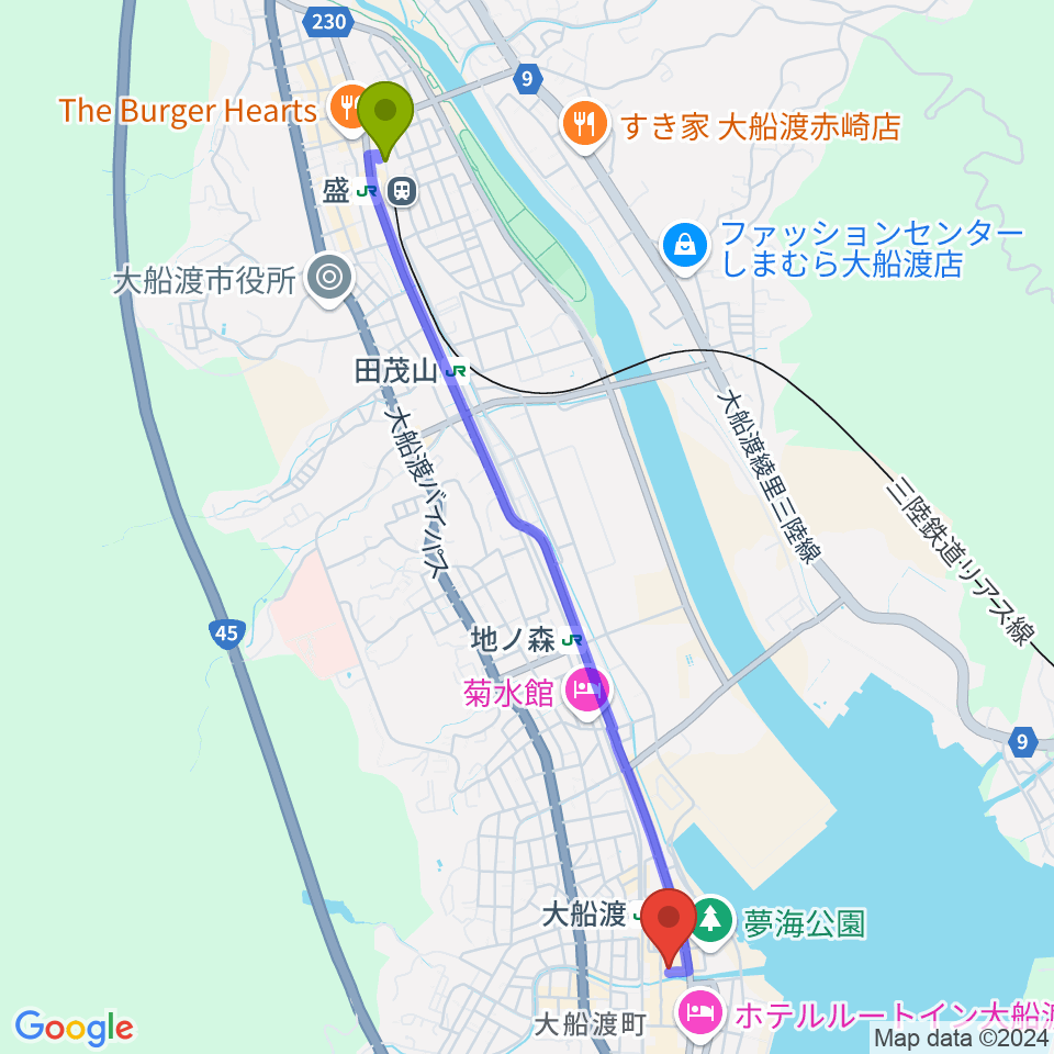 盛駅からKESEN ROCK FREAKSへのルートマップ地図