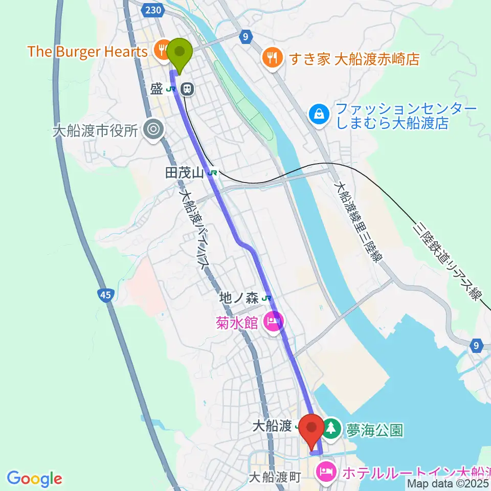 盛駅からKESEN ROCK FREAKSへのルートマップ地図