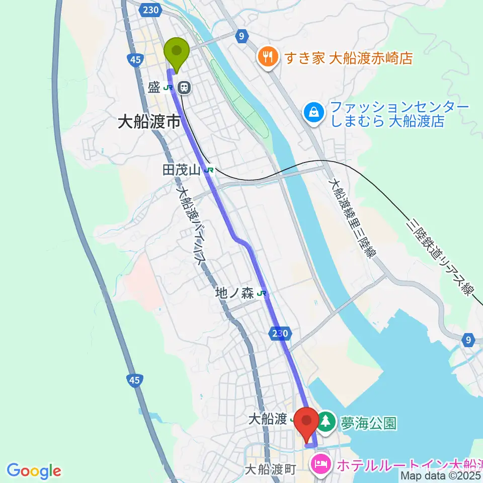 盛駅からKESEN ROCK FREAKSへのルートマップ地図