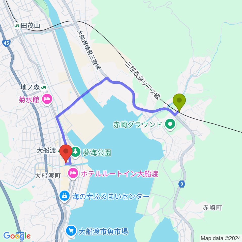 KESEN ROCK FREAKSの最寄駅陸前赤崎駅からの徒歩ルート（約31分）地図