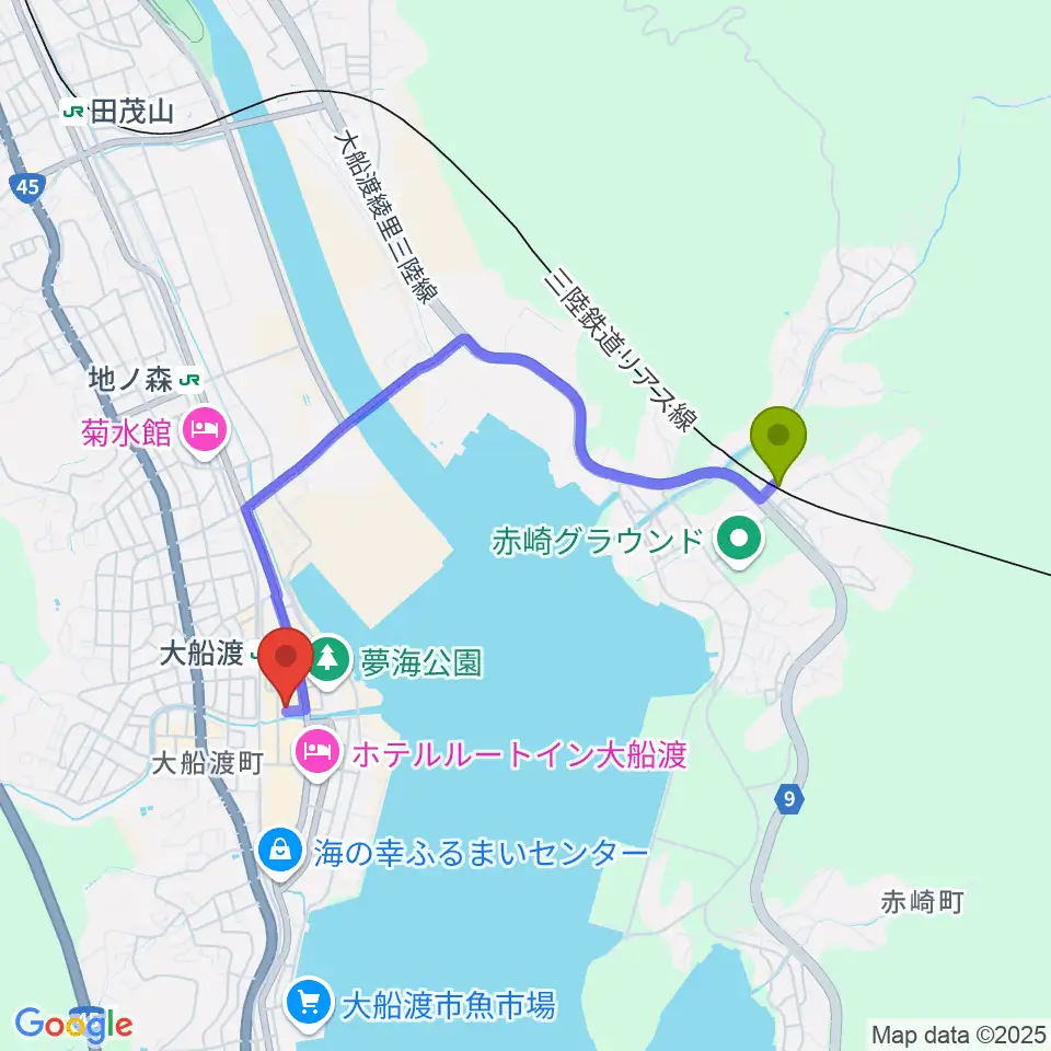 KESEN ROCK FREAKSの最寄駅陸前赤崎駅からの徒歩ルート（約31分）地図