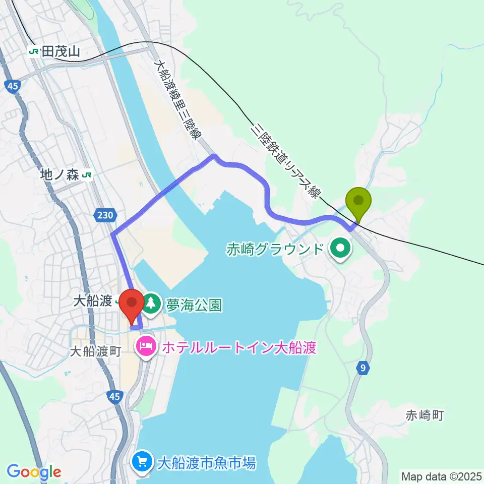 KESEN ROCK FREAKSの最寄駅陸前赤崎駅からの徒歩ルート（約31分）地図