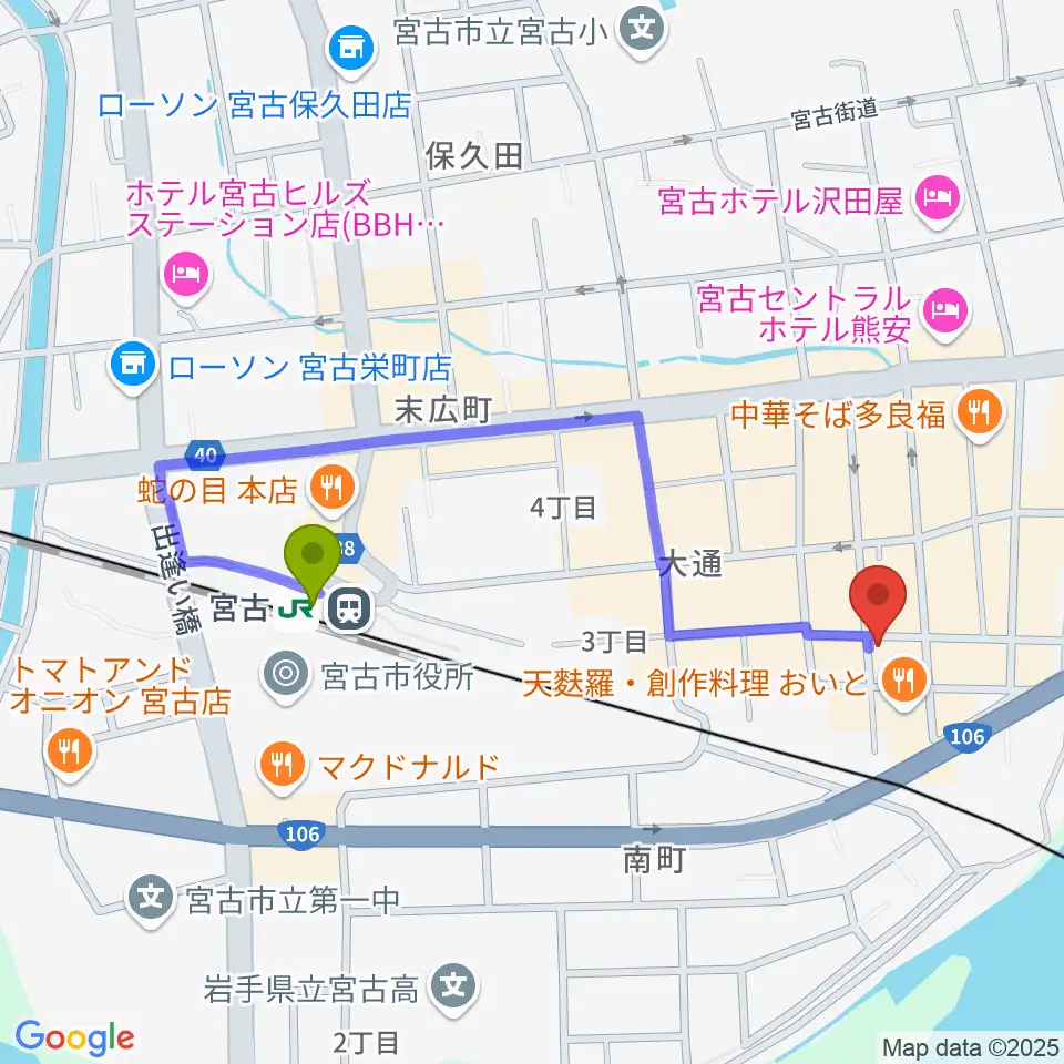 クラブカウンターアクション宮古の最寄駅宮古駅からの徒歩ルート（約8分）地図