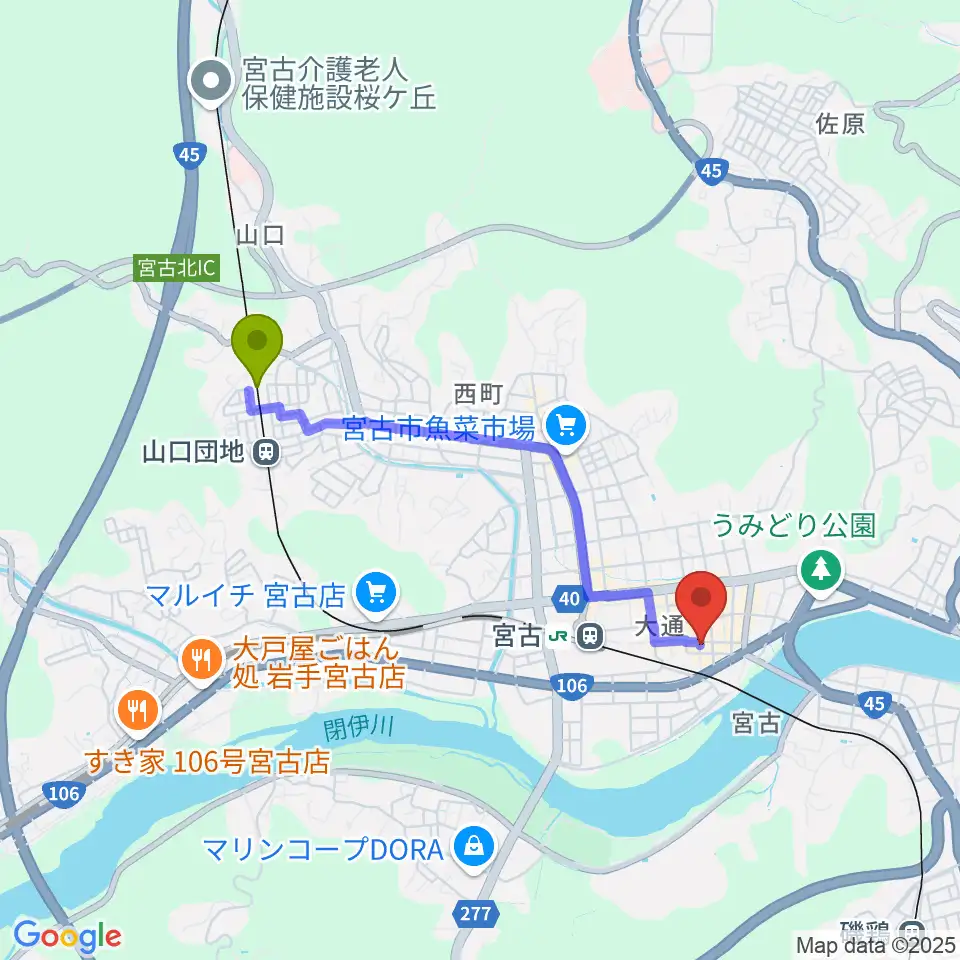 山口団地駅からクラブカウンターアクション宮古へのルートマップ地図