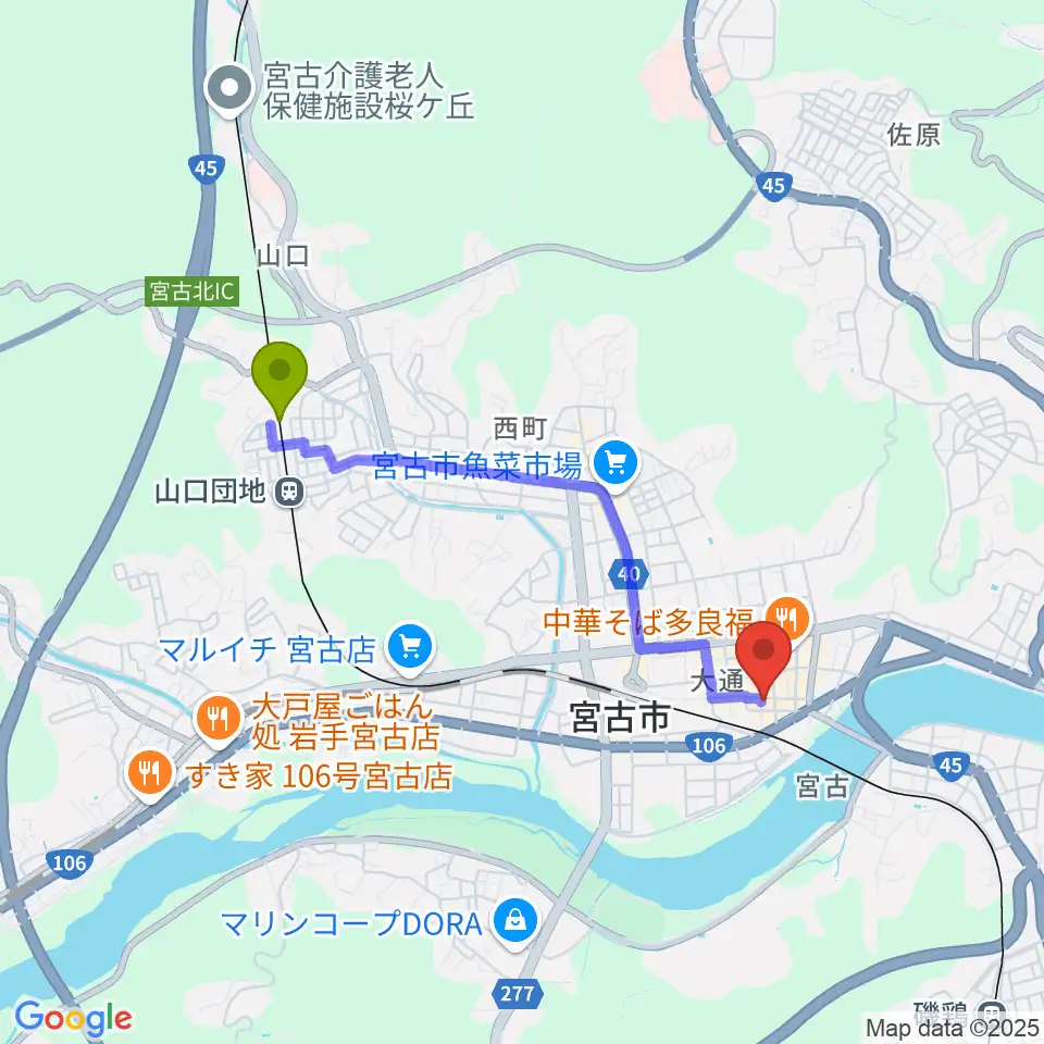 山口団地駅からクラブカウンターアクション宮古へのルートマップ地図