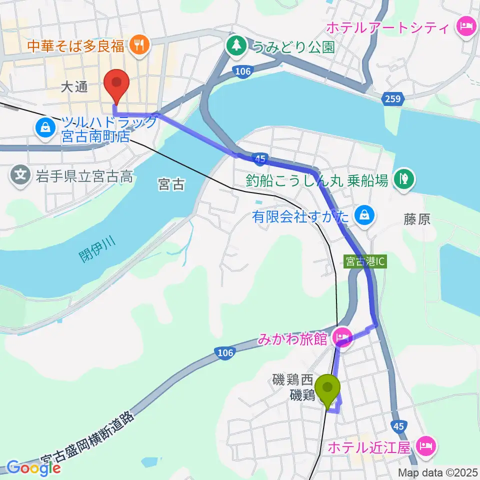 磯鶏駅からクラブカウンターアクション宮古へのルートマップ地図