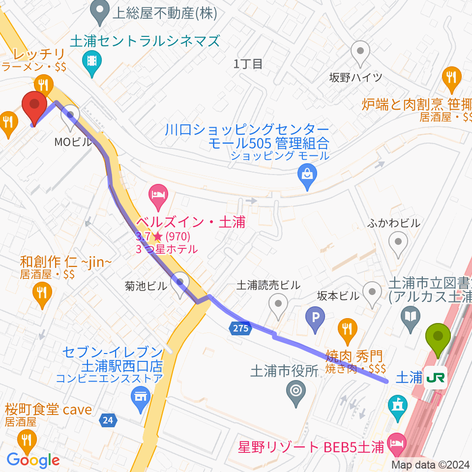サケクラすのっぶの最寄駅土浦駅からの徒歩ルート（約8分）地図