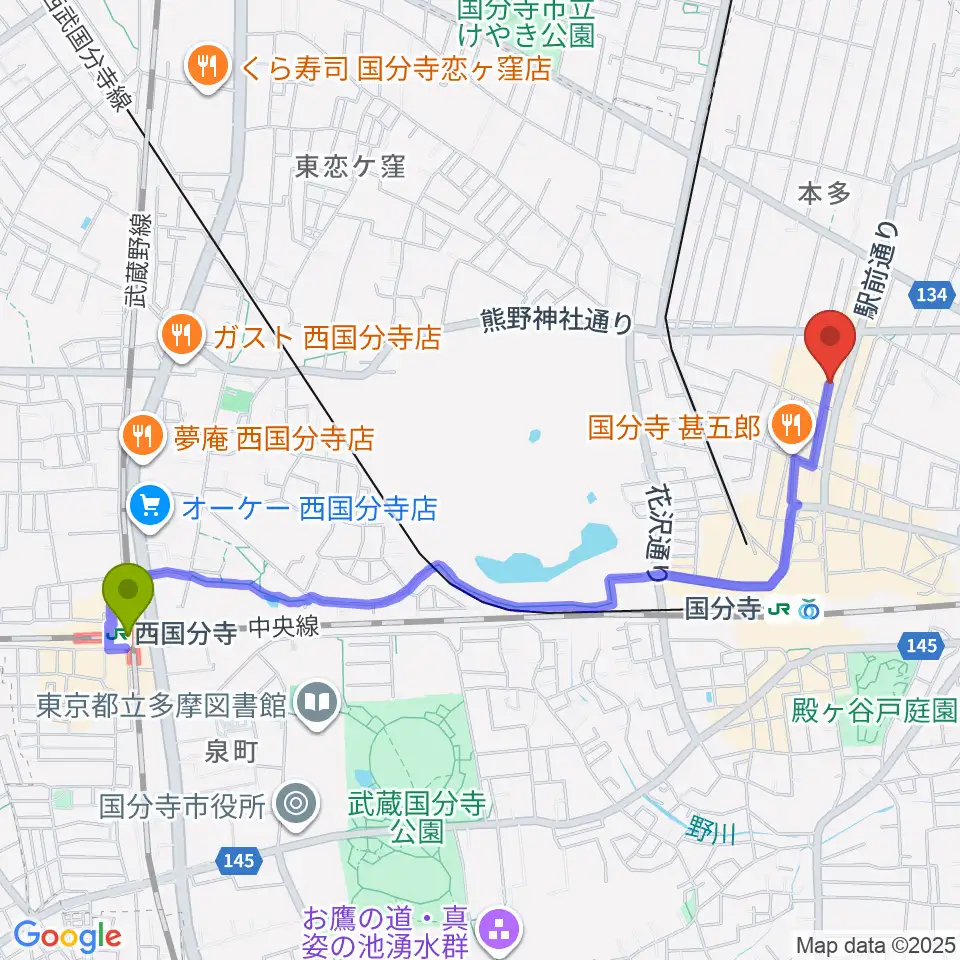 西国分寺駅から国分寺ギブハーツへのルートマップ地図