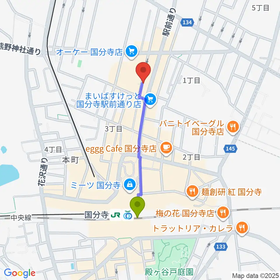 国分寺ギブハーツの最寄駅国分寺駅からの徒歩ルート（約7分）地図