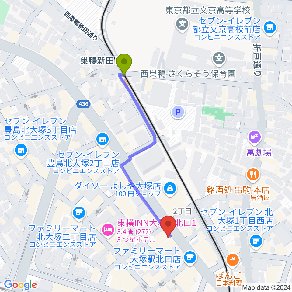 巣鴨新田駅から大塚Hearts+へのルートマップ地図