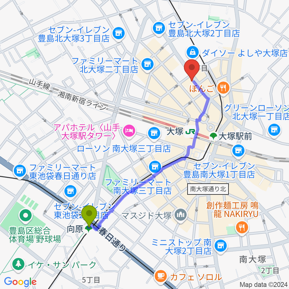 向原駅から大塚Hearts+へのルートマップ地図