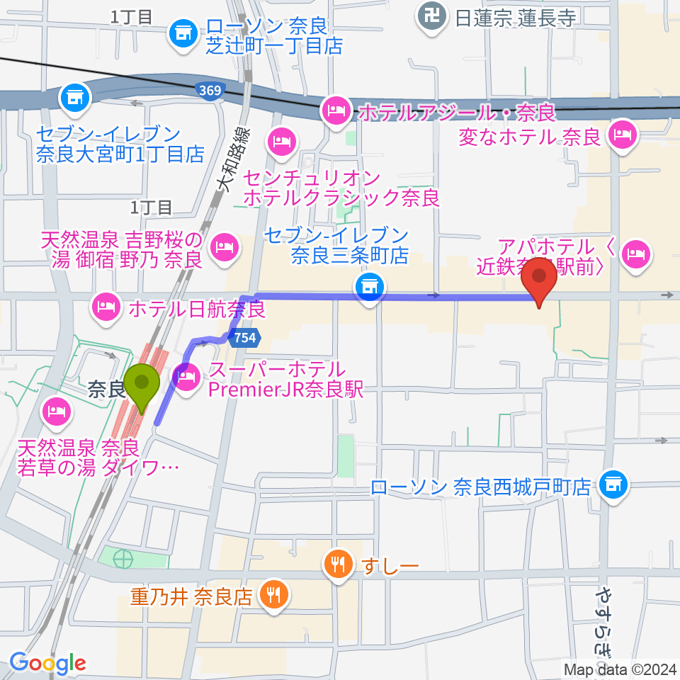 奈良駅から奈良Billyへのルートマップ地図