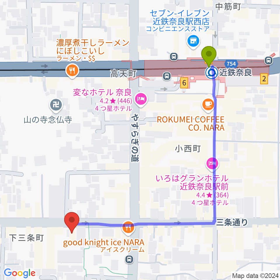 奈良Billyの最寄駅近鉄奈良駅からの徒歩ルート（約6分）地図