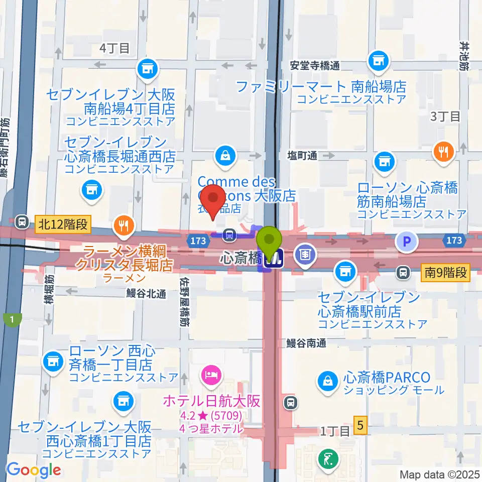 心斎橋VARONの最寄駅心斎橋駅からの徒歩ルート（約1分）地図