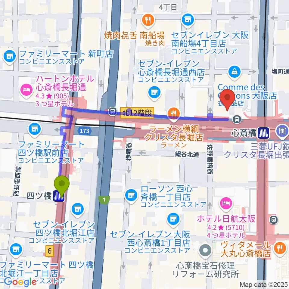 四ツ橋駅から心斎橋VARONへのルートマップ地図