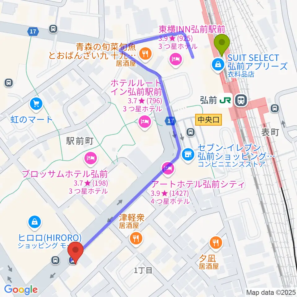 弘前ロビンズ・ネストの最寄駅弘前駅からの徒歩ルート（約6分）地図