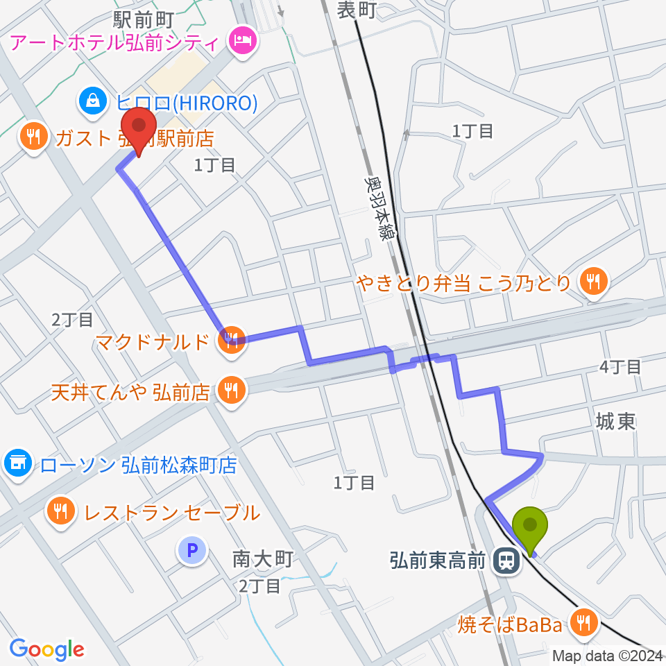 弘前東高前駅から弘前ロビンズ・ネストへのルートマップ地図