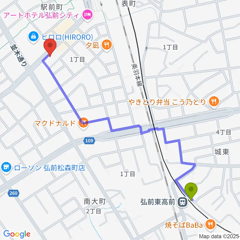 弘前東高前駅から弘前ロビンズ・ネストへのルートマップ地図