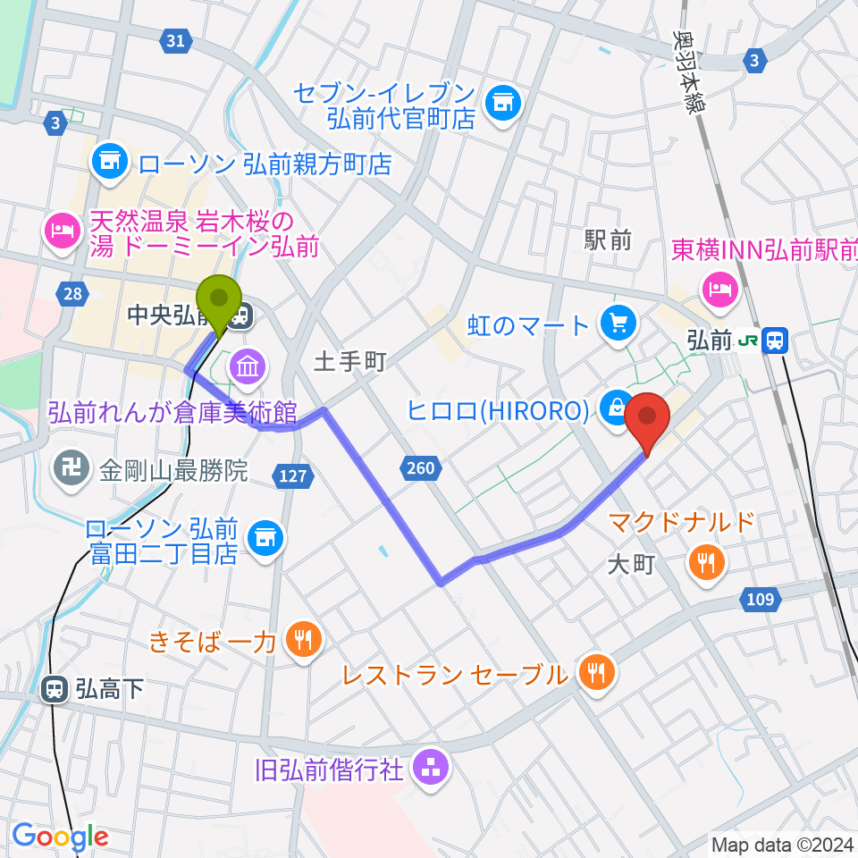 中央弘前駅から弘前ロビンズ・ネストへのルートマップ地図