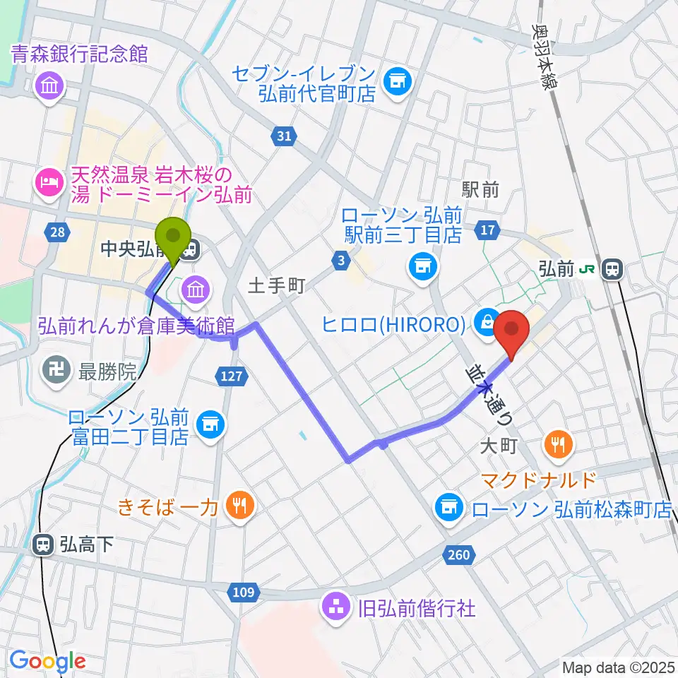 中央弘前駅から弘前ロビンズ・ネストへのルートマップ地図