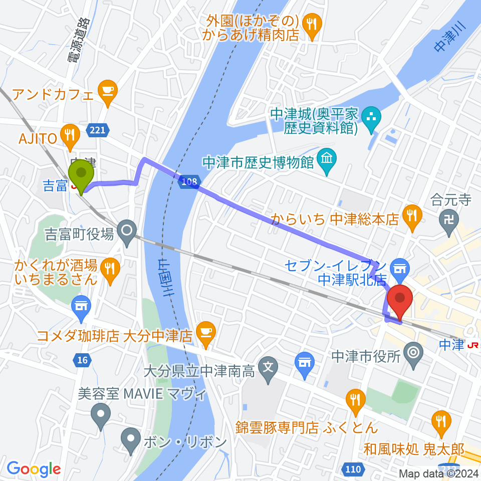 吉富駅から中津Aco-Place プレイヤー楽器店へのルートマップ地図