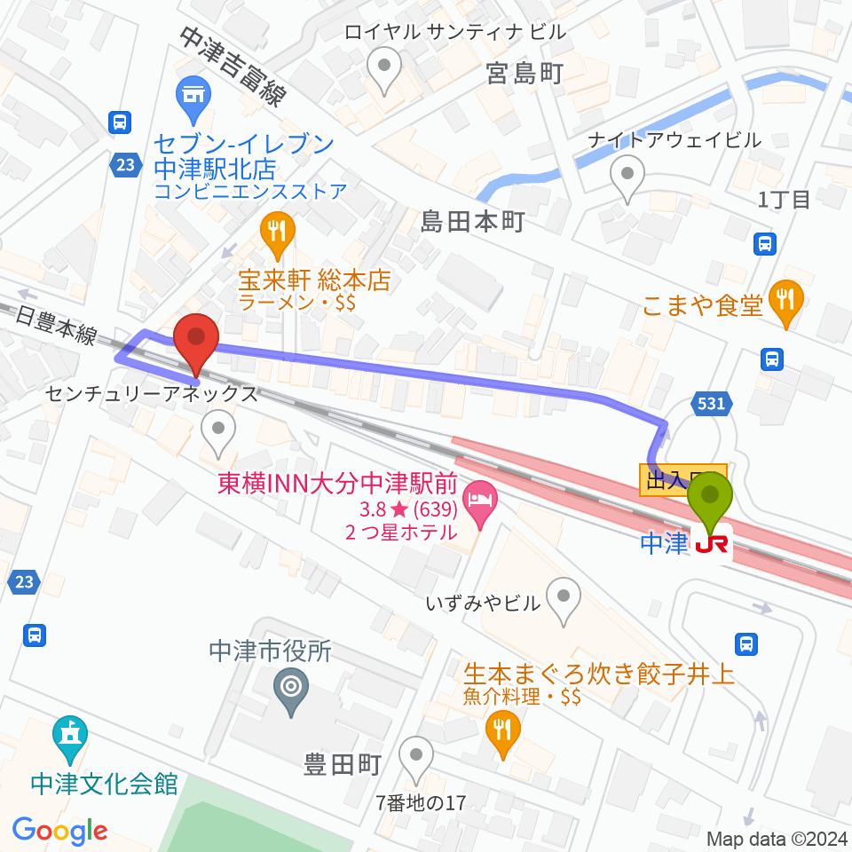 中津Aco-Place プレイヤー楽器店の最寄駅中津駅からの徒歩ルート（約5分）地図