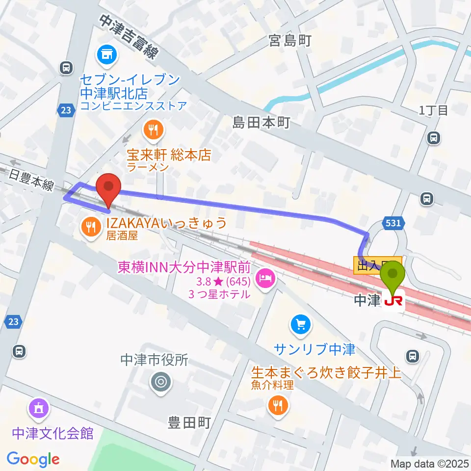 中津Aco-Place プレイヤー楽器店の最寄駅中津駅からの徒歩ルート（約5分）地図