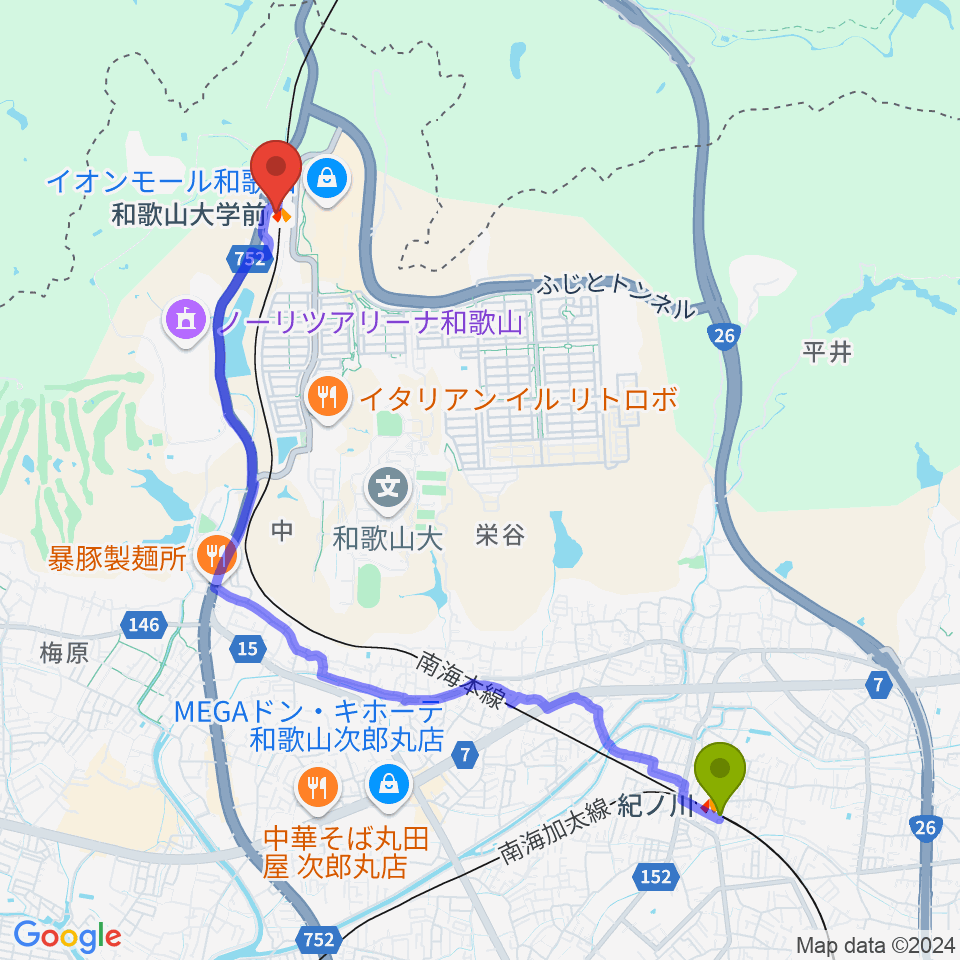 紀ノ川駅から和歌山SHELTER（シェルター）へのルートマップ地図