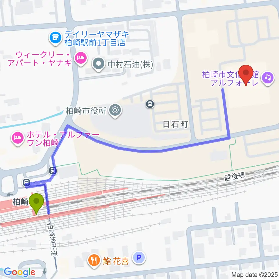 柏崎市文化会館アルフォーレの最寄駅柏崎駅からの徒歩ルート（約7分）地図