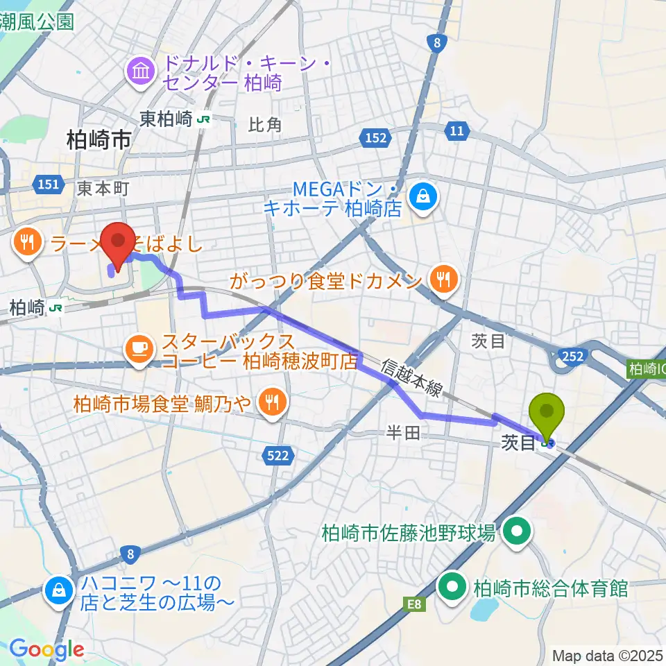 茨目駅から柏崎市文化会館アルフォーレへのルートマップ地図