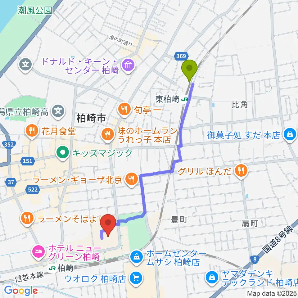 東柏崎駅から柏崎市文化会館アルフォーレへのルートマップ地図