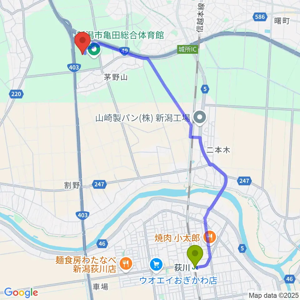 荻川駅から江南区文化会館へのルートマップ地図