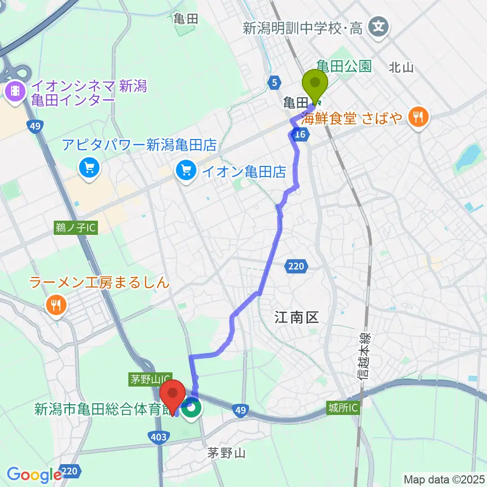 江南区文化会館の最寄駅亀田駅からの徒歩ルート（約42分）地図