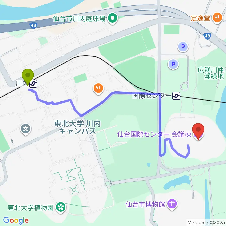 川内駅から仙台国際センターへのルートマップ地図