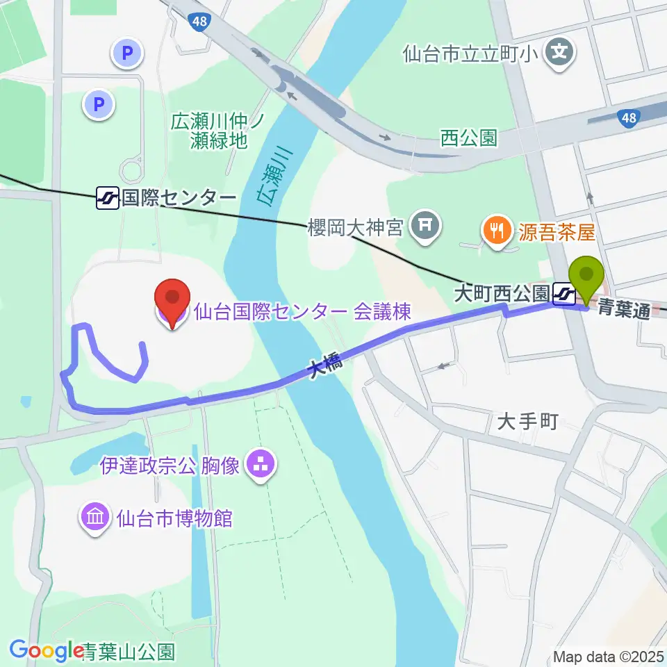 大町西公園駅から仙台国際センターへのルートマップ地図