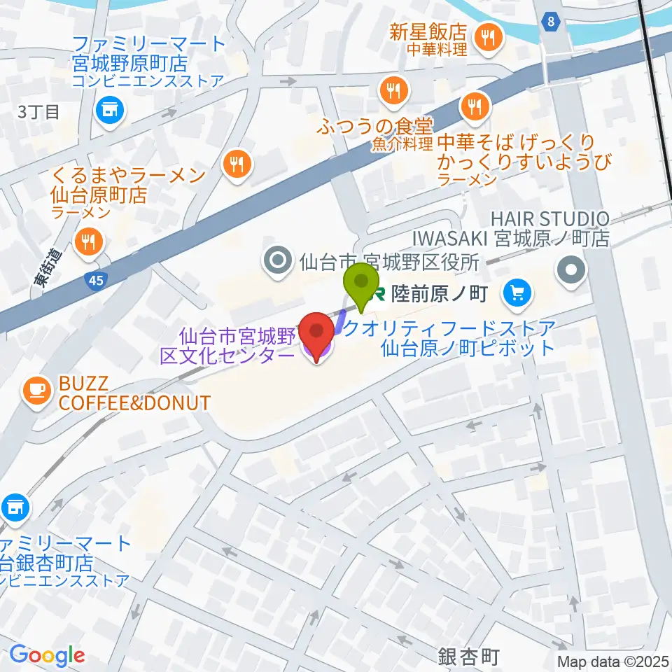 宮城野区文化センターの最寄駅陸前原ノ町駅からの徒歩ルート（約1分）地図