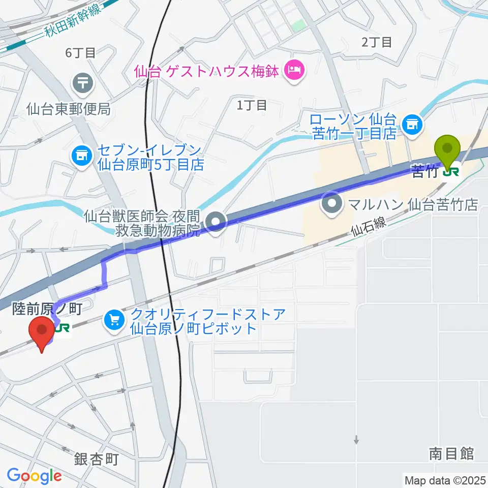 苦竹駅から宮城野区文化センターへのルートマップ地図